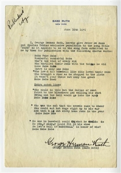 1947 Babe Ruth Signed Release for the Song "BABE" with Full "George Herman Ruth"